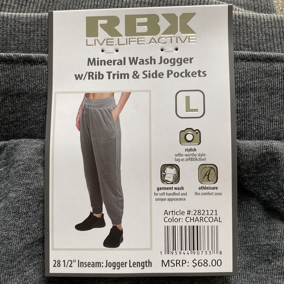 RBX “Charcoal” Mineral Wash Jogger With Rib Trim and Side Pockets Size Large NWT - Picture 5 of 8